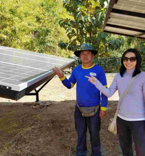 Man and woman pointing to a large solar panel